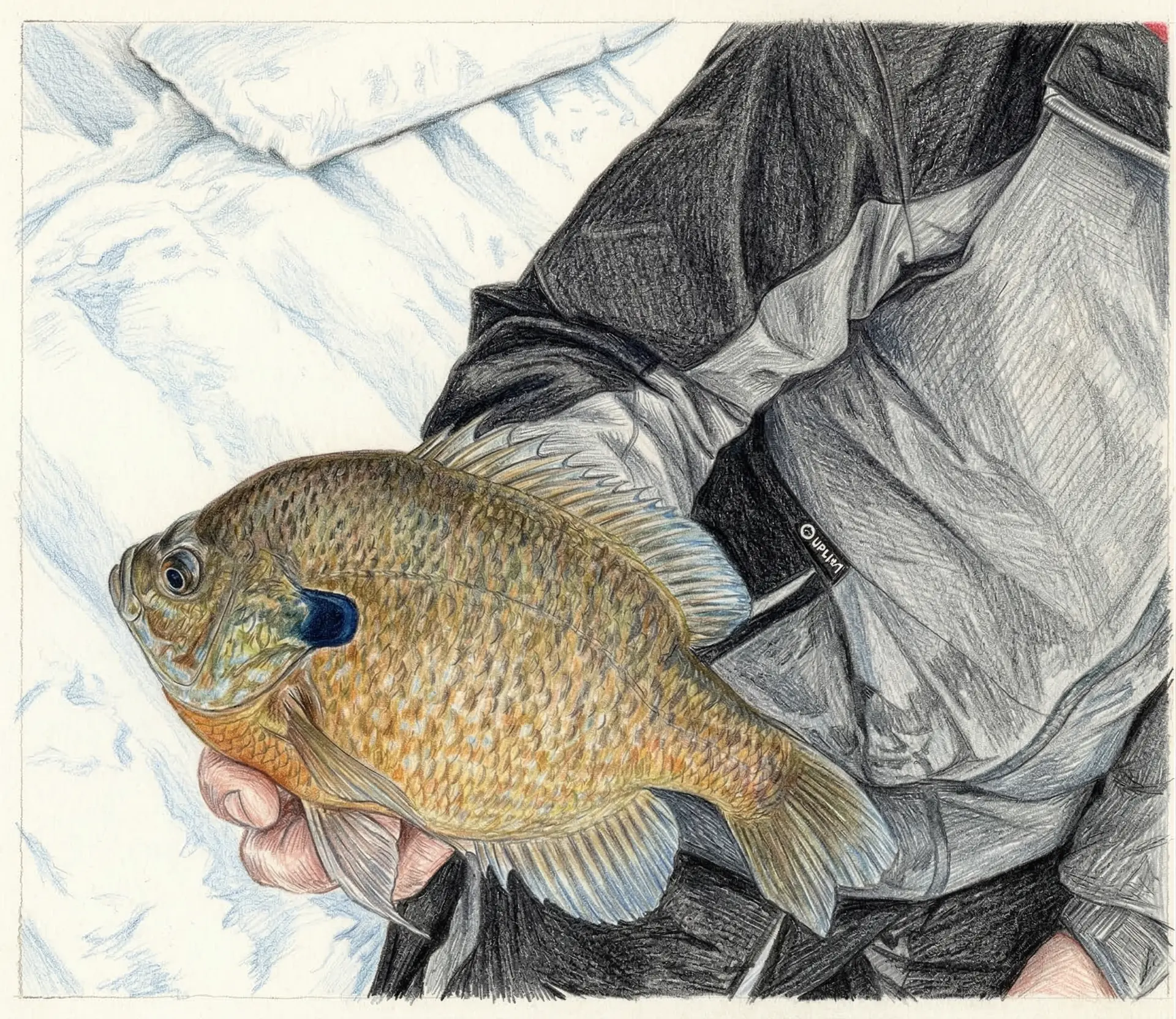 Close-up of a pumpkinseed sunfish held by an angler on a central Maine ice fishing trip