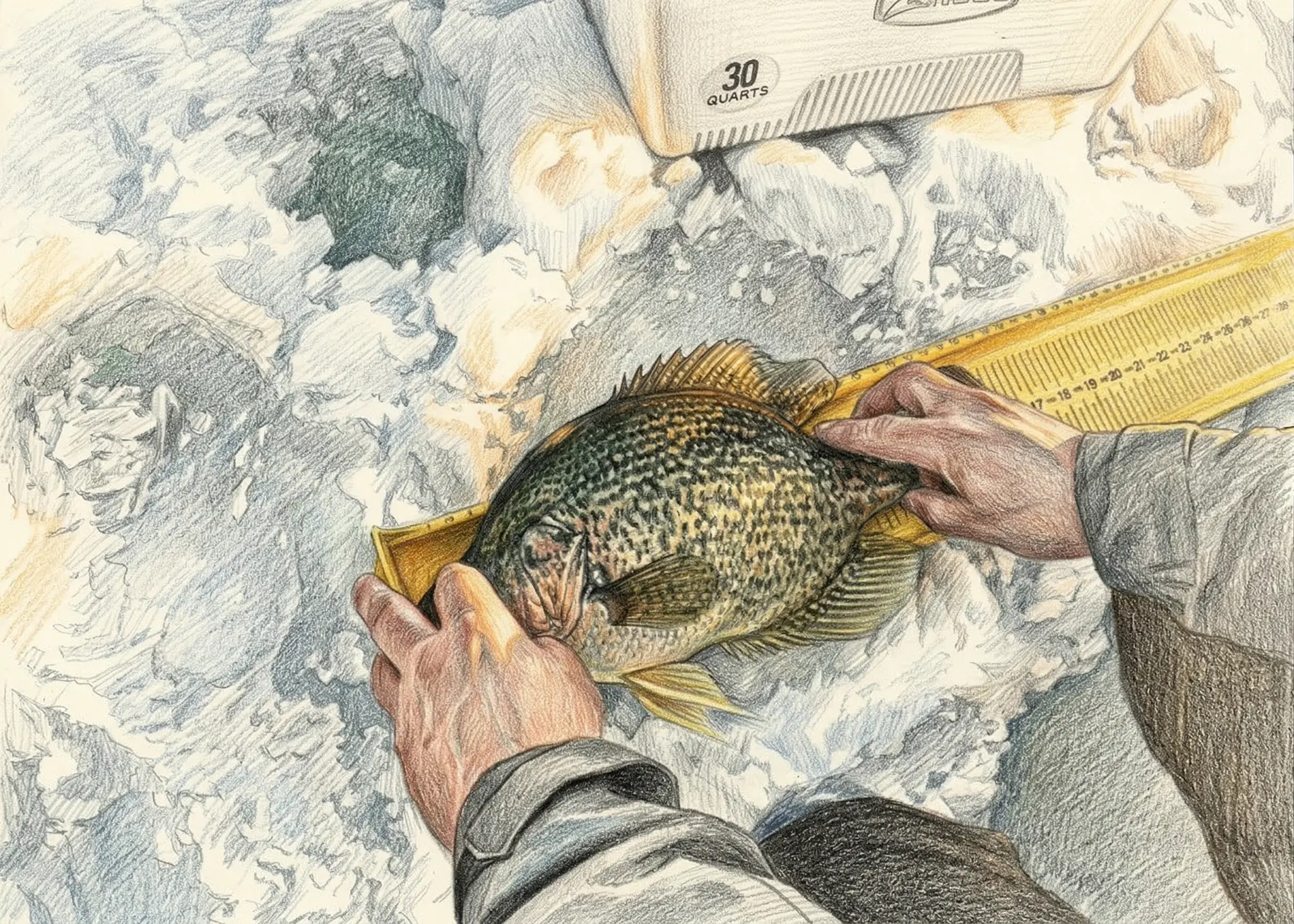Angler measuring a crappie on ice next to an ice hole and cooler in central Maine