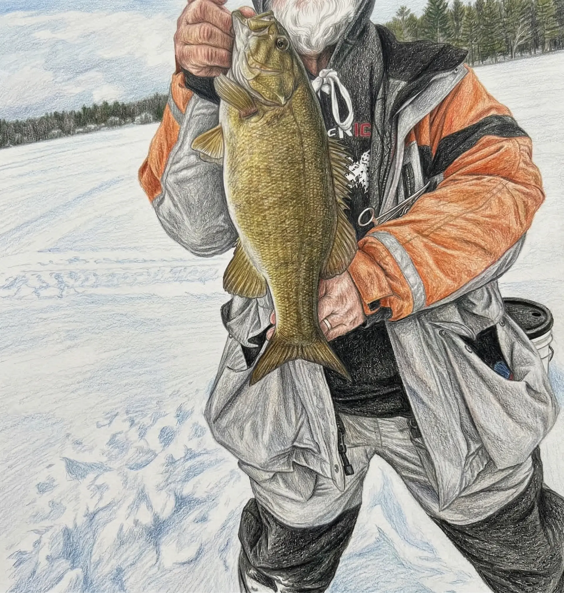 Older angler in orange jacket holding a smallmouth bass caught through the ice on a central Maine lake