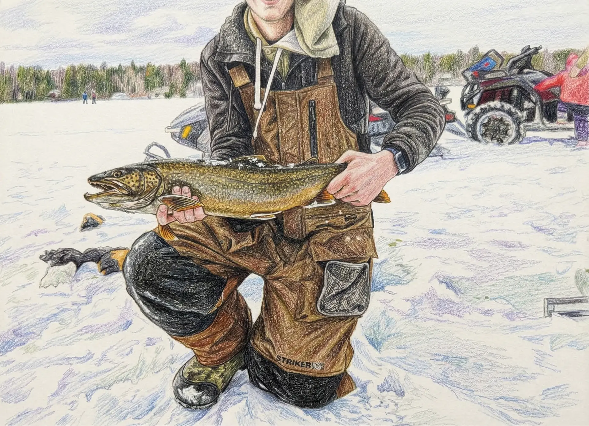 Angler kneeling on ice holding a lake trout caught in central Maine with ATVs visible in the background