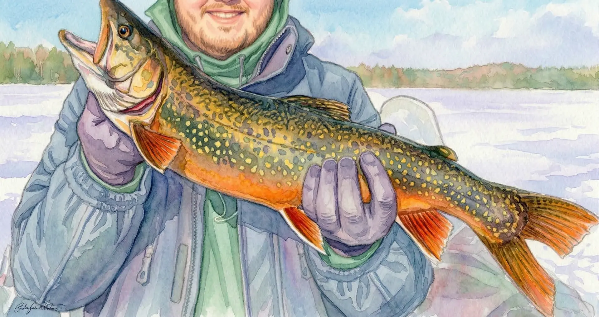 Watercolor illustration of a smiling angler holding a large, vivid brook trout on ice in northern Maine