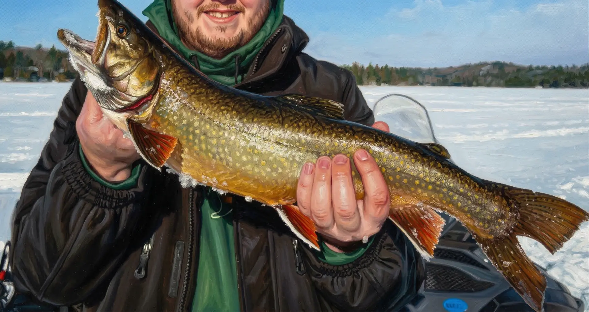 Smiling angler holding a large brook trout on ice with a snowmobile visible in the background in northern Maine
