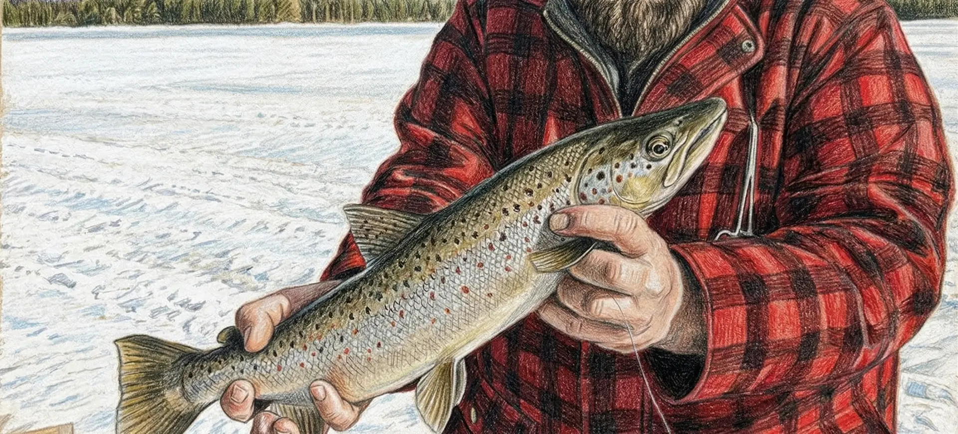 Bearded angler in red plaid flannel holding a brook trout on ice in western Maine