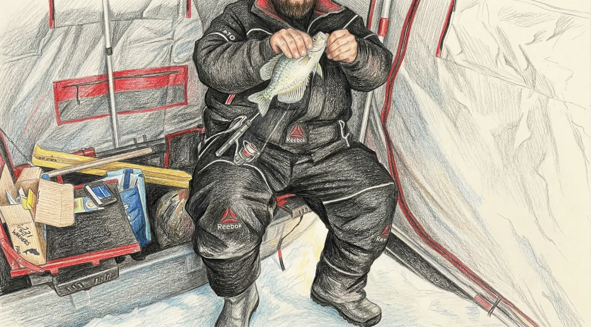 Ice angler sitting inside a pop-up shelter holding a crappie caught through the ice on a Maine pond