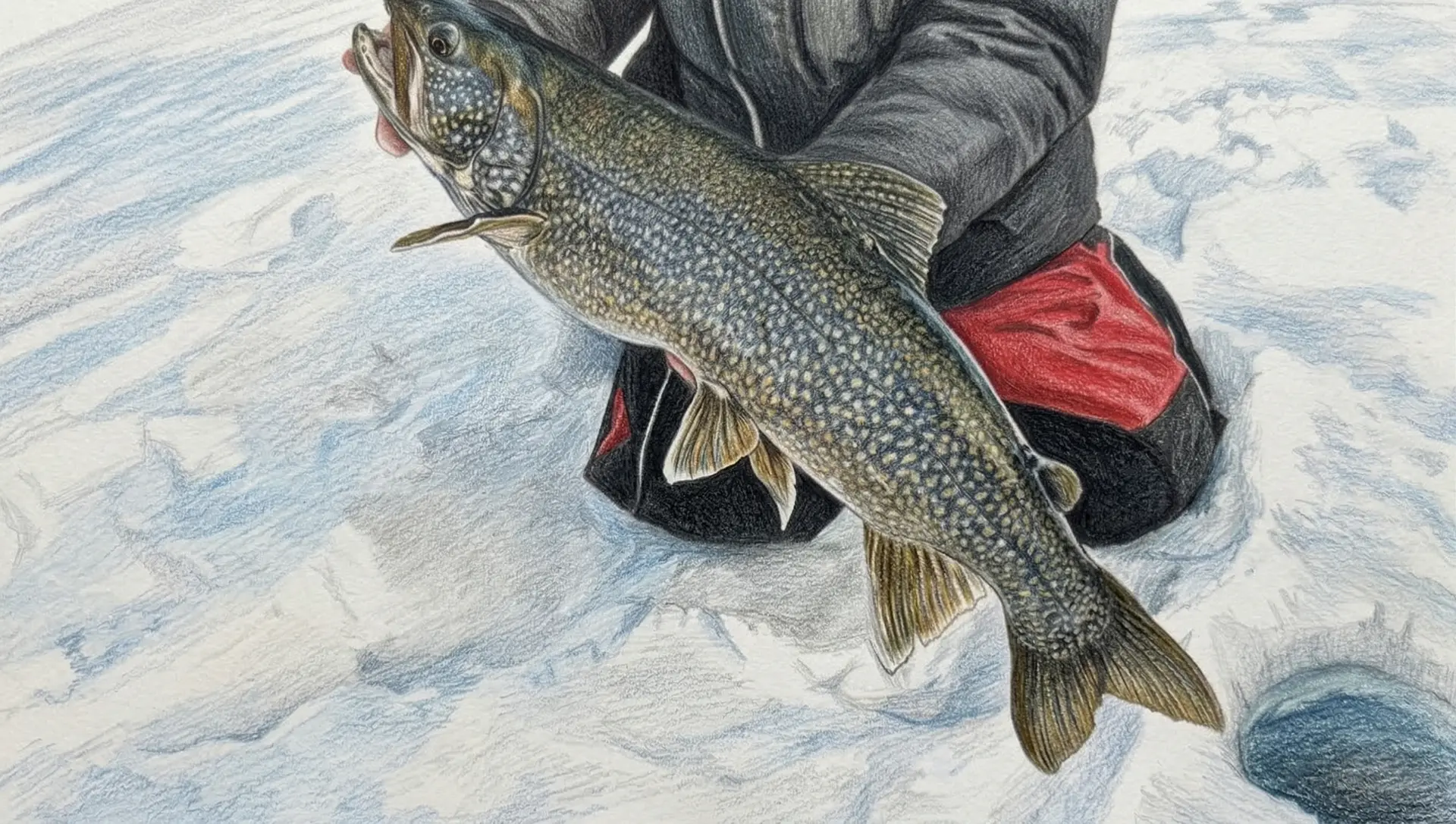 Angler kneeling on thick ice holding a healthy lake trout caught while jigging on Sebago Lake