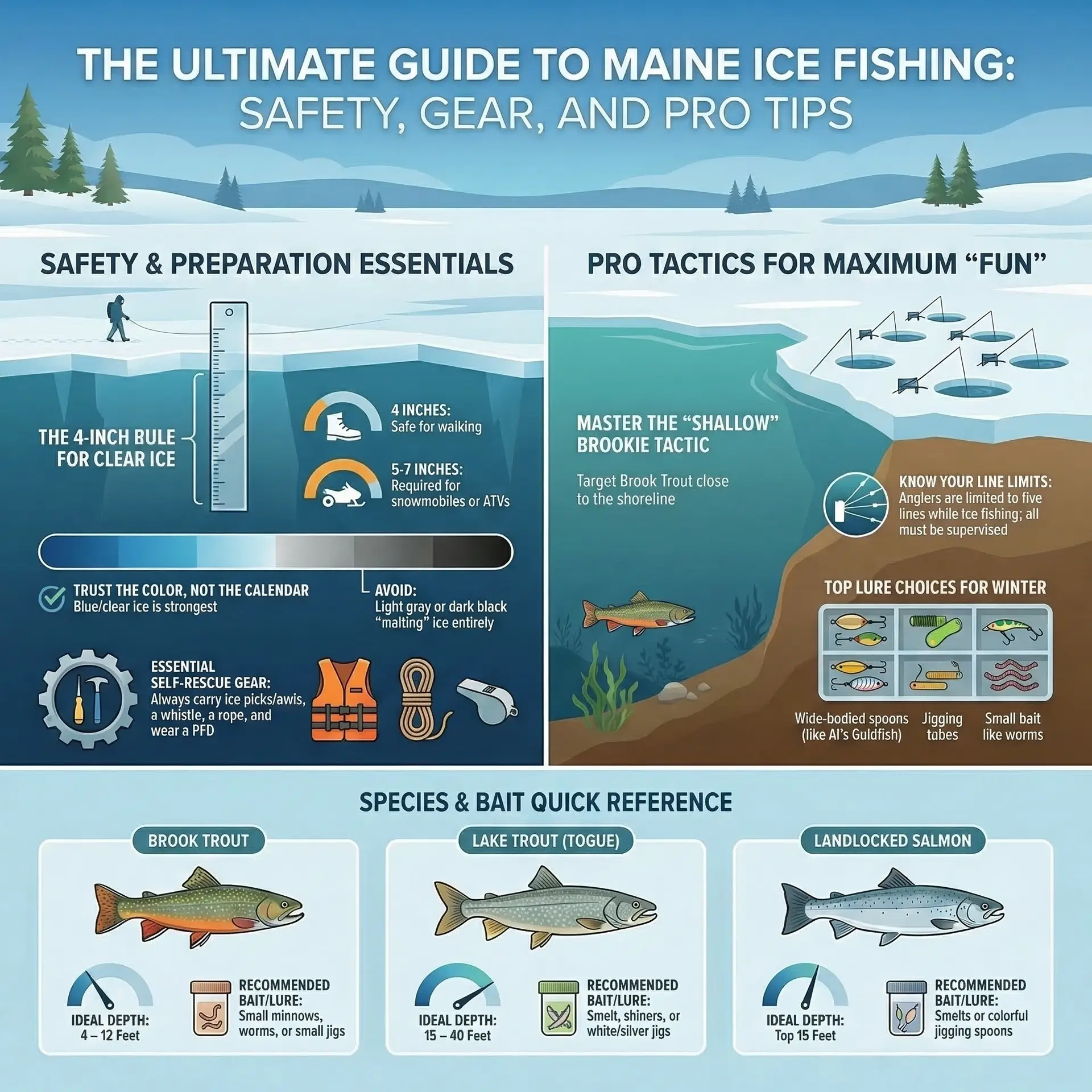Maine ice fishing infographic covering safety essentials, pro tactics, and species bait reference for brook trout, lake trout, and landlocked salmon